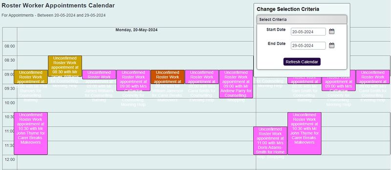 "a screenshot of the roster work calendar. This displays a calendar with multiple slots taken up by appointments, highlighted in pink."
