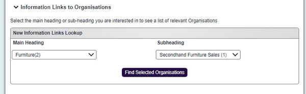 "a screenshot of the information links drop downs, displaying heading 1 as furniture and subheading as furniture (second hand)."