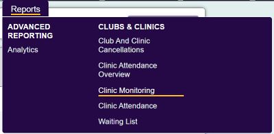 "a screenshot of the clinic monitoring button, highlighted in the reports menu."