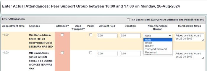 "a screenshot of the clinic completion page, with a drop down for non-attendance reason."