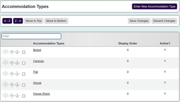 "a screenshot of the accommodation type select options, including a drag and drop icon on the left handside and a display order number on the right."