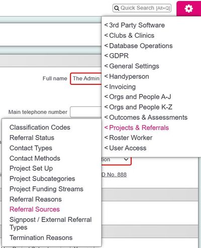 "a screenshot of the referral source button highlighted in the admin menu."