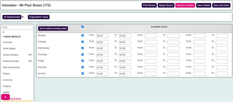 "a screenshot of the volunteer record, showing the matching criteria section."