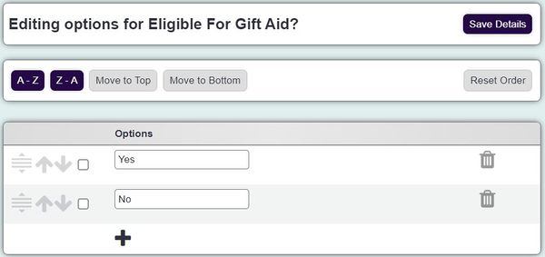 "a screenshot of the gift aid drop down options from the admin menu."