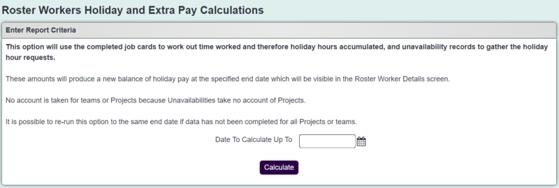 "a screenshot of the holiday pay calculation page, with a field to input a date which is labelled 'date to calculate up to'.