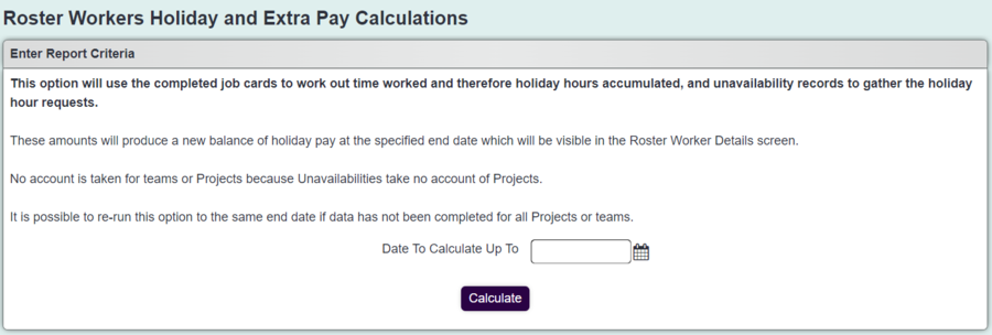 "a screenshot of the holiday pay calculation page, with a field to input a date which is labelled 'date to calculate up to'.