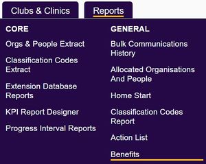 "a screenshot of the benefits report button, highlighted in the reports menu."