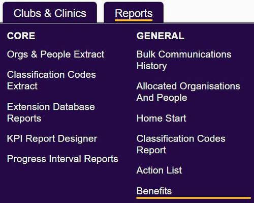 "a screenshot of the benefits report button, highlighted in the reports menu."