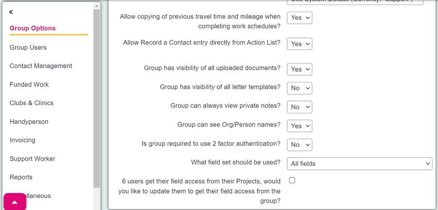 "a screenshot of the group access page, showing the group options section and the field to set that the group is require to use 2 factor authentication."