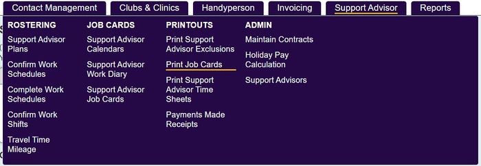 "a screenshot of the Print Job Cards button, highlighted in the support worker menu."