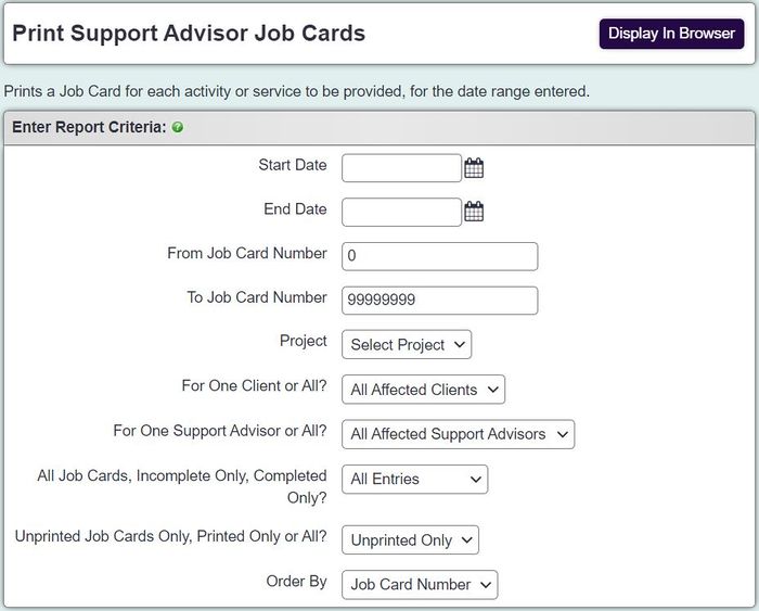 "a screenshot of the Print Job Cards fields, including the start and end date."