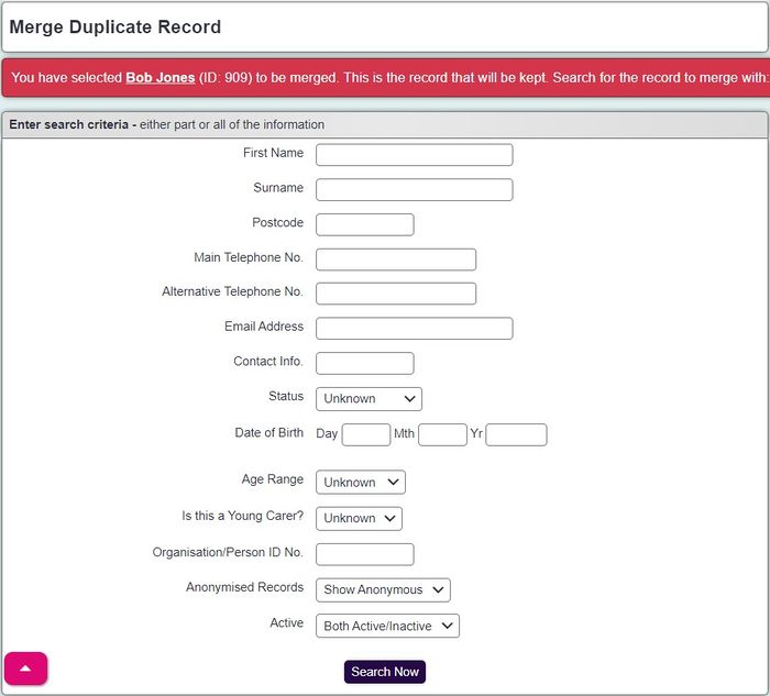 "a screenshot of a selection of search fields, where you can search for the duplicate to merge the record with."