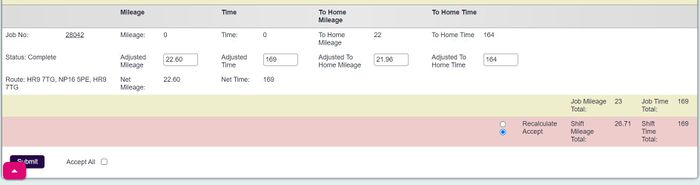 "a screenshot of a job that requires travel time and mileage confirmation. The job shows the number, mileage, time, and a button to recalculate or to accept."