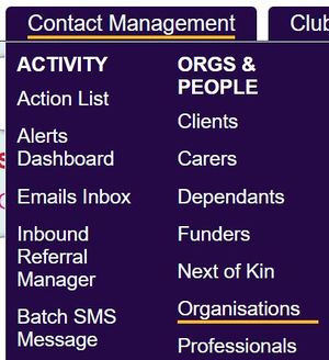 "a screenshot of the organisations button selected in the contact management menu."