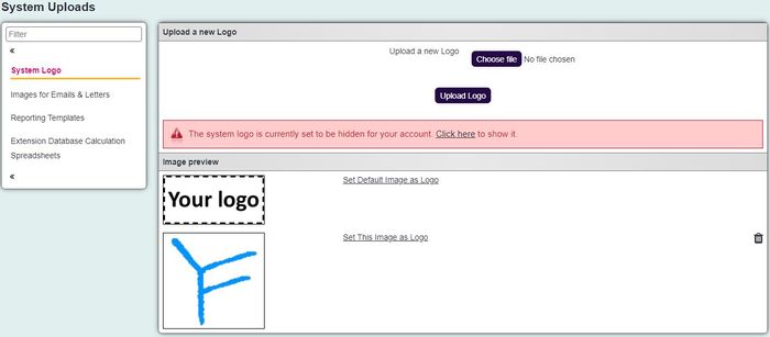 "a screenshot of the system logo upload section."