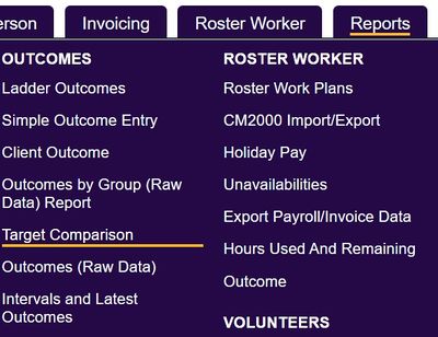 "a screenshot of the target comparison report button, highlighted in the Charitylog menu."