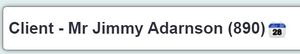 "a screenshot of the clients name with their ID number in brackets. The client is called Jimmy Adarnson, and the number is 890."