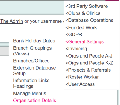 "a screenshot of the organisation details button, highlighted in the admin menu."