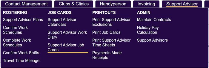 "a screenshot of the support job cards button, highlighted in the support advisor menu."