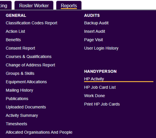 "a screenshot of the handyperson activity report button highlighted in the menu."