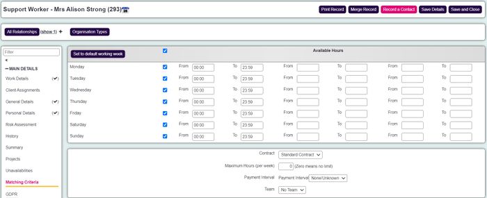 "a screenshot of the support worker record, showing the matching criteria section."