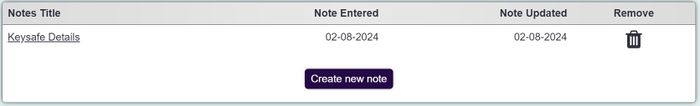 "a screenshot of the list of private notes on the client record. This shows a private note labelled 'key safe instructions'."