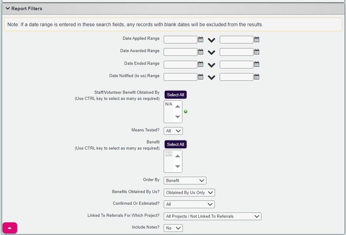 "a screenshot of the benefits report criteria buttons."