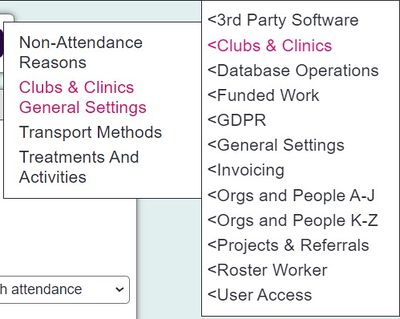 "a screenshot of the club and clinic general settings button, highlighted in the admin menu."