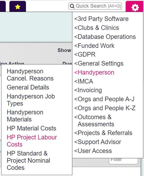 "a screenshot of the handyperson project labour costs button, highlighted in the admin menu."