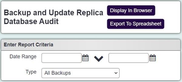 "a screenshot of the backup audit report fields. There are two date range fields."