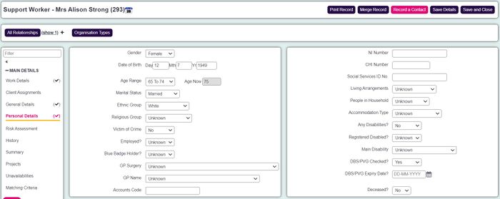 "a screenshot of the support worker record, showing the personal details section."