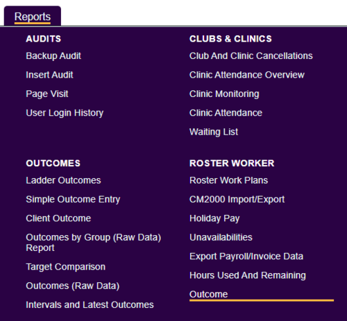 "a screenshot of the roster outcomes report button, highlighted in the report menu."