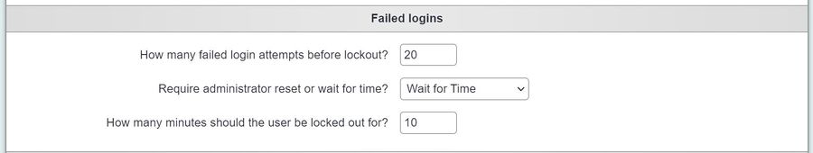 "a screenshot of the failed log ins settings, where you can specify a time period between users logging back in after a failed login."