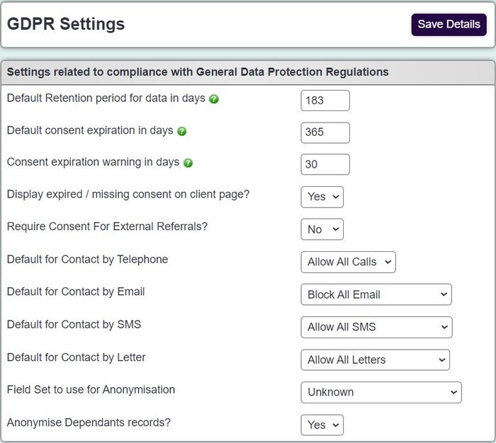 "a screenshot of the gdpr settings fields, as listed below."