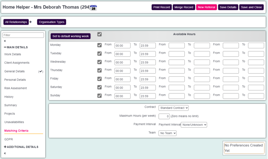 "A Screenshot of the matching criteria section, displaying fields for entry of the available working hours of the roster worker."