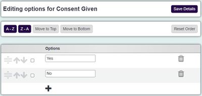 "a screenshot of the consent given drop down options entry page."