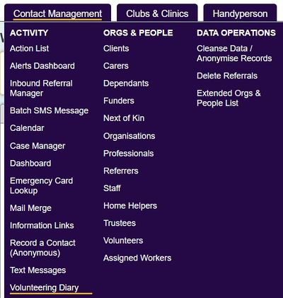 "the volunteer diary button in the contact management menu"