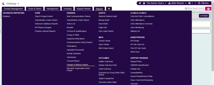 "a screenshot of the change of address report button, highlighted in the admin menu."