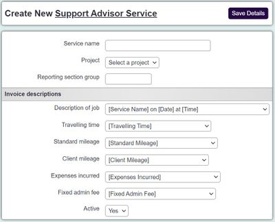 "a screenshot of the support services entry page, displaying an often text box for entry of a service."