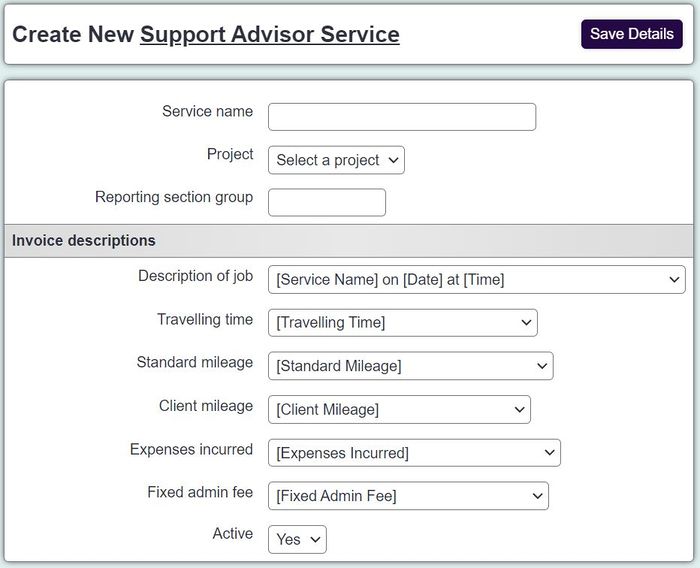 "a screenshot of the support services entry page, displaying an often text box for entry of a service."