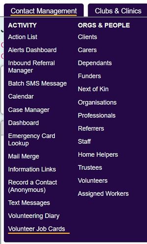 "volunteer job card button in the contact management menu"