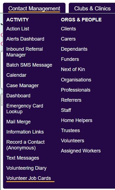 "volunteer job card button in the contact management menu"