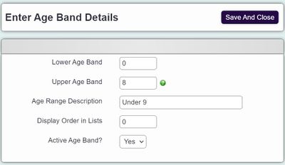 "age range entry field for the select list"