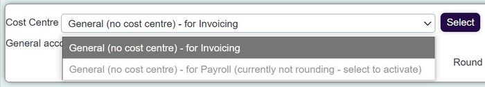 "a screenshot of the cost centre drop down."