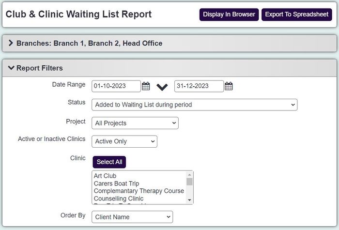 "a screenshot of the waiting list report criteria fields. including a date range, project, and clinic selection field."