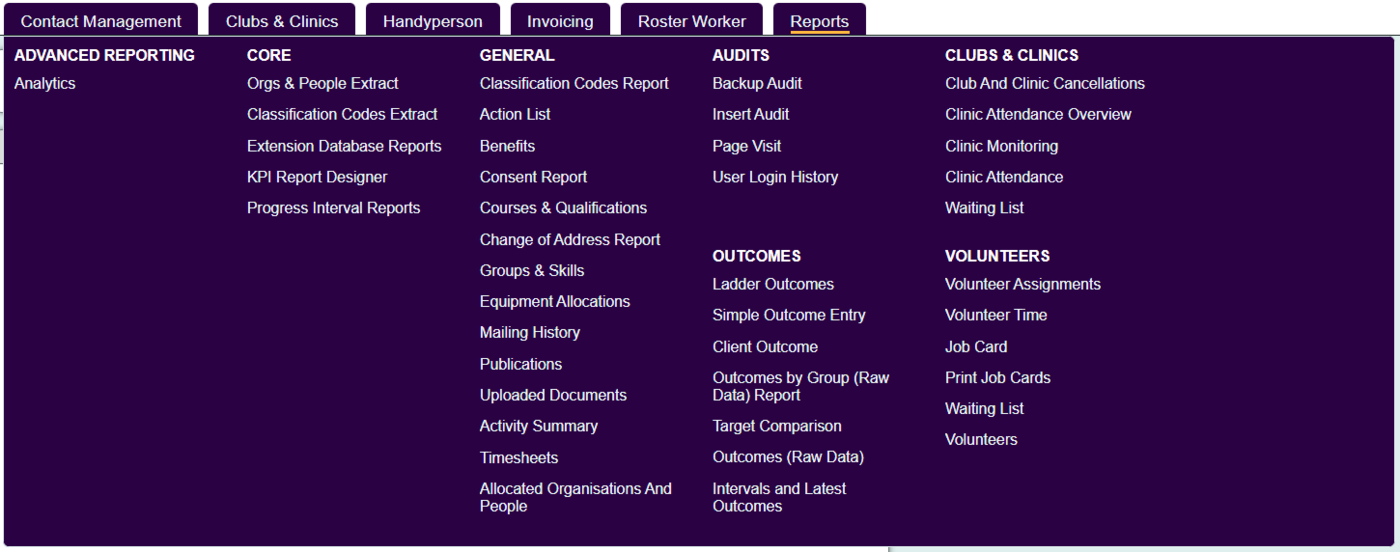 "a screenshot of the reports menu from Charitylog"