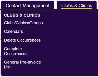 "the clinic menu displaying the clickable clinic links"